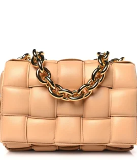 Superfake Bottega Veneta Lambskin Maxi Intreccio Small Padded Chain Cassette Crossbody Bag Almond Gold Hardware