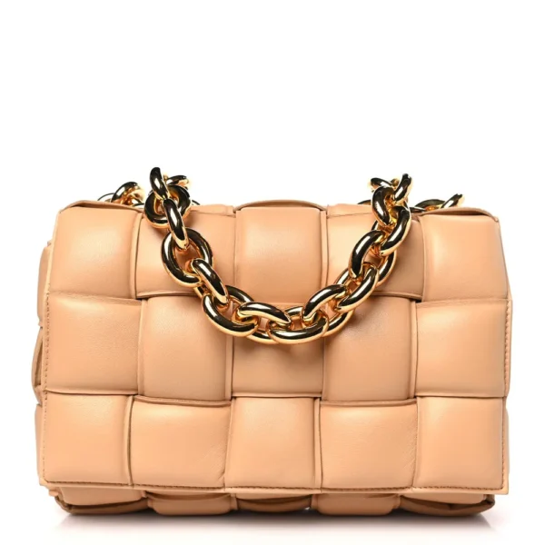 Superfake Bottega Veneta Lambskin Maxi Intreccio Small Padded Chain Cassette Crossbody Bag Almond Gold Hardware