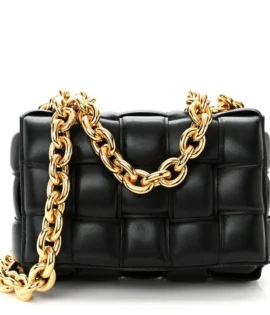 Superfake Bottega Veneta Lambskin Maxi Intreccio Small Padded Chain Cassette Crossbody Bag Black Gold Hardware