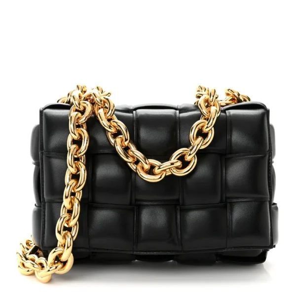 Superfake Bottega Veneta Lambskin Maxi Intreccio Small Padded Chain Cassette Crossbody Bag Black Gold Hardware