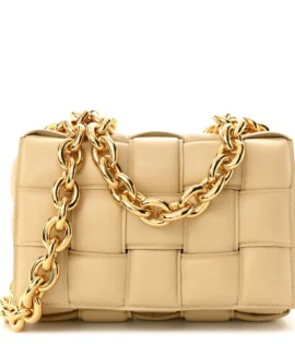 Superfake Bottega Veneta Lambskin Maxi Intreccio Small Padded Chain Cassette Crossbody Bag Porridge Gold Hardware