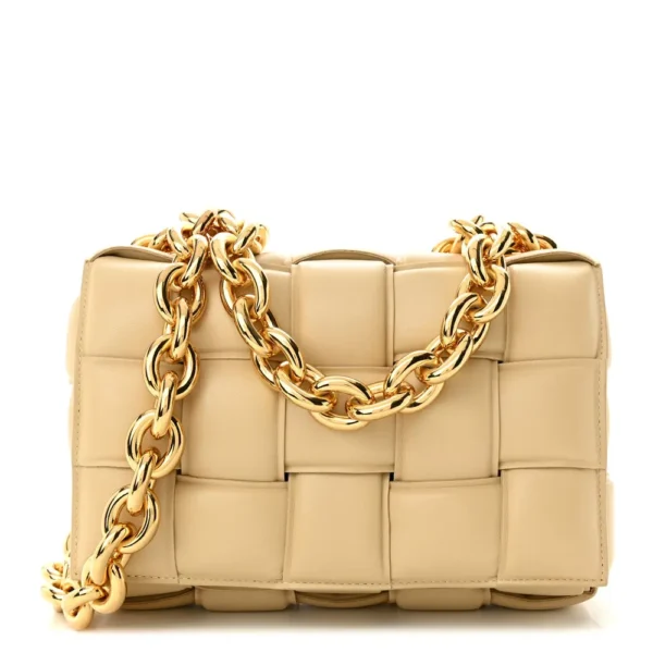 Superfake Bottega Veneta Lambskin Maxi Intreccio Small Padded Chain Cassette Crossbody Bag Porridge Gold Hardware