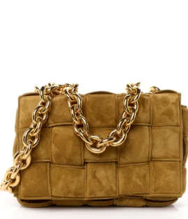 Superfake Bottega Veneta Suede Maxi Intrecciato Small Padded Chain Cassette Crossbody Bag Taupe Gold Hardware