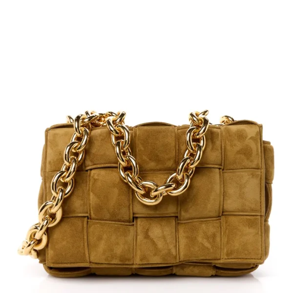 Superfake Bottega Veneta Suede Maxi Intrecciato Small Padded Chain Cassette Crossbody Bag Taupe Gold Hardware