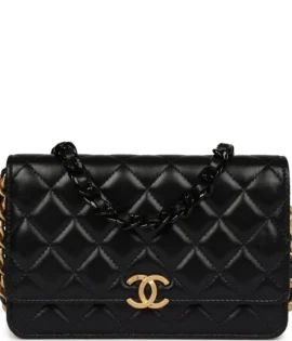 superfake Chanel Black Lambskin Wallet On Chain WOC Brushed Gold Hardware