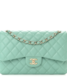 superfake Chanel Jumbo Light Green Quilted Caviar Double Flap Silver Hardware