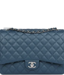 SuperfakeChanel Maxi Dark Blue Caviar Classic Double Flap Bag Silver Hardware