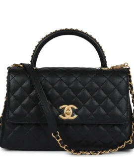 superfake Chanel Medium Black Chevron Caviar Coco Top Handle Brushed Gold Hardware