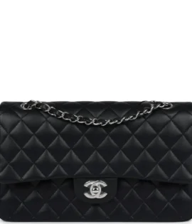 superfake Chanel Medium Black Lambskin Classic Double Flap Silver Hardware