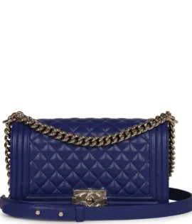 superfake Chanel Medium Blue Caviar Boy Bag Light Gold Hardware