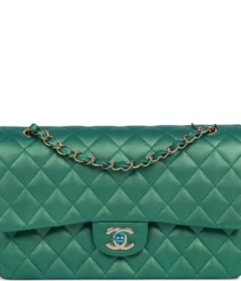 SuperfakeChanel Medium Green Iridescent Lambskin Classic Double Flap Bag Light Gold Hardware