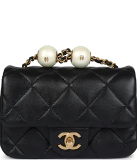 superfake Chanel Mini Black Lambskin Square Pearl Flap Bag Brushed Gold Hardware