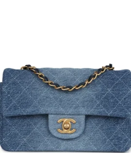 Superfake Chanel Mini Blue Denim Rectangular Flap Bag Antique Gold Hardware