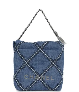 SuperfakeChanel Mini Blue Stitched Denim 22 Bag Silver Hardware