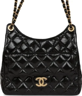 superfake Chanel Small Black Shiny Crumpled Calfskin CC Hobo Bag Gold Hardware