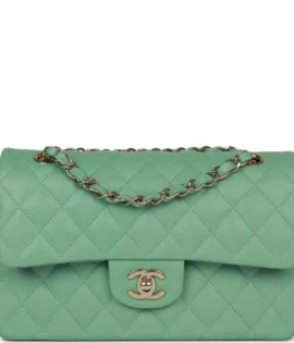 SuperfakeChanel Small Green Caviar Classic Double Flap Light Gold Hardware