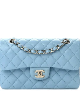 superfake Chanel Small Light Blue Quilted Caviar Double Flap Silver Hardware