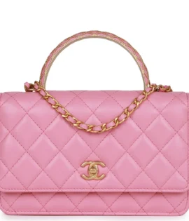 Superfake Chanel Small Pink Top Handle Lambskin Wallet on Chain WOC front