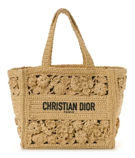 Superfake Dior Woven Raffia Floral Embellished Small Book Tote Natural