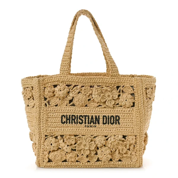 Superfake Dior Woven Raffia Floral Embellished Small Book Tote Natural