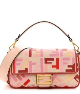 superfake Fendi Canvas Vitello King Baguette Medium FF Embroidered Rosa Quarzo Bloody Mary Multicolor Gold Hardware