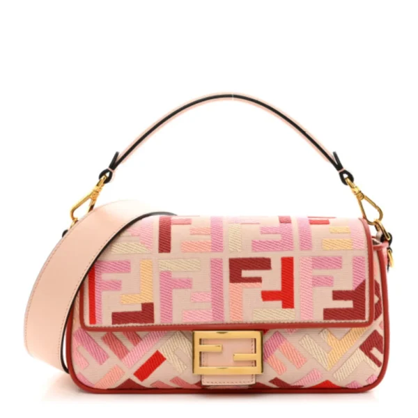 superfake Fendi Canvas Vitello King Baguette Medium FF Embroidered Rosa Quarzo Bloody Mary Multicolor Gold Hardware