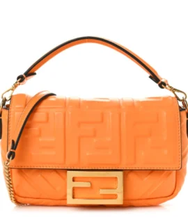 superfake Fendi Nappa Baguette Mini FF 1974 Embossed Clementine Gold Hardware