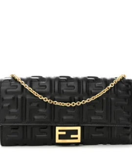 superfake Fendi Nappa Matisse Continental Wallet On Chain Mini FF Embossed Black Gold Hardware