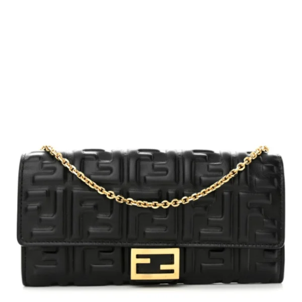 superfake Fendi Nappa Matisse Continental Wallet On Chain Mini FF Embossed Black Gold Hardware