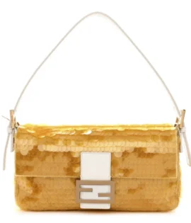 superfake Fendi Satin Sequin Paillettes Elaphe Plexiglass Baguette 1997 Medium Giallo Avorio Gold Hardware