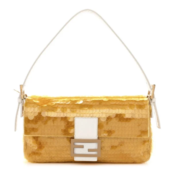 superfake Fendi Satin Sequin Paillettes Elaphe Plexiglass Baguette 1997 Medium Giallo Avorio Gold Hardware