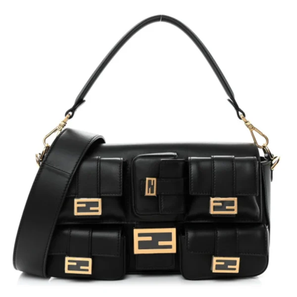 superfake Fendi Shiny Nappa Multipocket Baguette Medium Black Gold Hardware