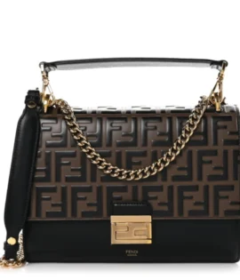 superfake Fendi Vitello Liberty Chain Strap Kan U Shoulder Bag Small FF 1974 Embossed Black Maya Gold Hardware