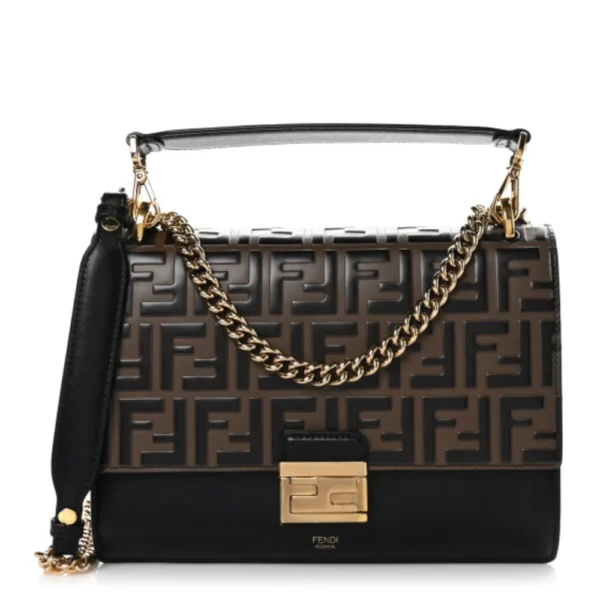 superfake Fendi Vitello Liberty Chain Strap Kan U Shoulder Bag Small FF 1974 Embossed Black Maya Gold Hardware