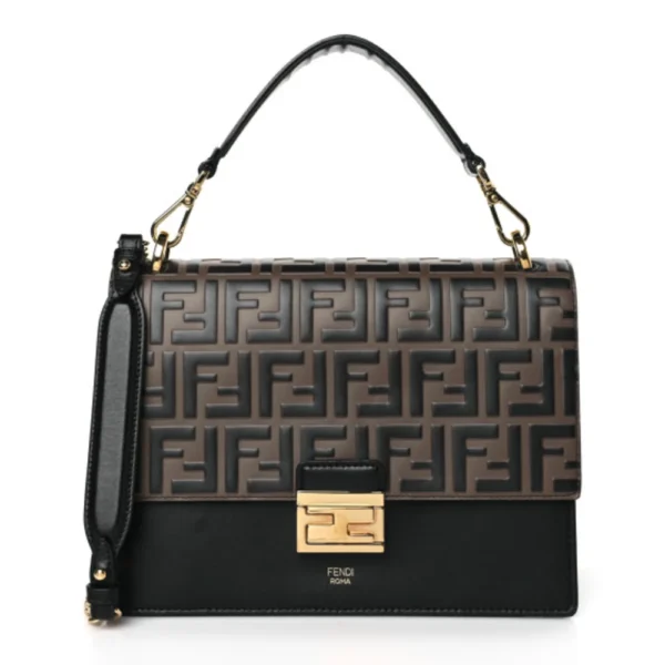 superfake Fendi Vitello Liberty Kan U Shoulder Bag Medium FF 1974 Embossed Chain Strap Bi-Color Black Maya Gold Hardware