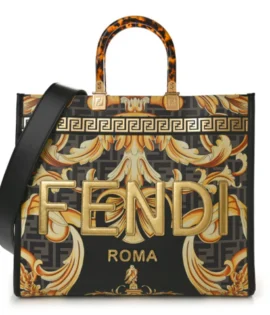 superfake Fendi X VERSACE Calfskin Plexiglass Fendace FF Baroque Print Medium Fendi Sunshine Shopper Tote Black Gold Gold Hardware