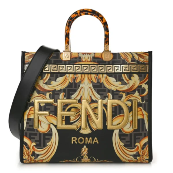 superfake Fendi X VERSACE Calfskin Plexiglass Fendace FF Baroque Print Medium Fendi Sunshine Shopper Tote Black Gold Gold Hardware