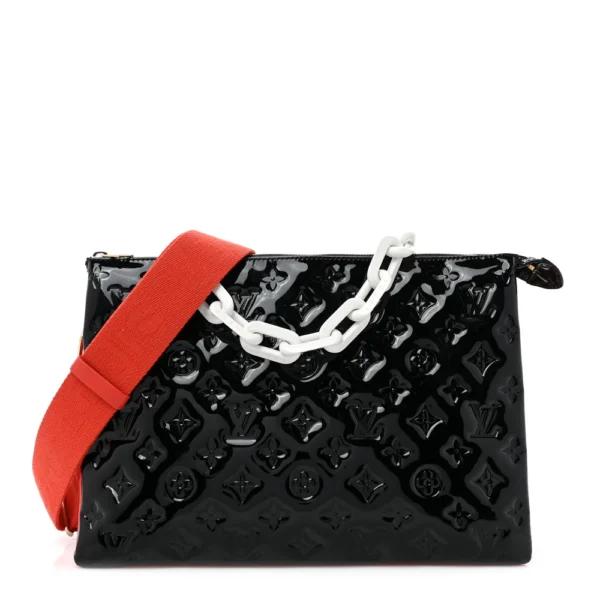 Superfake Louis Vuitton Coussin MM Black Red Patent Embossed Monogram Lambskin Silver Hardware