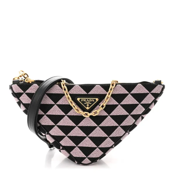 superfake Prada Jacquard Calfskin Mini Triangolo Symbole Embroidered Triangle Double Bag Black Alabastro Gold Hardware