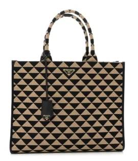 superfake Prada Jacquard Saffiano Large Triangolo Symbole Embroidered Tote Black Corda