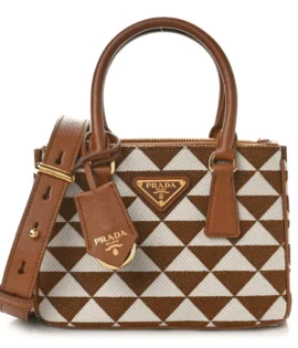 superfake Prada Jacquard Saffiano Mini Triangolo Symbole Embroidered Galleria Double Zip Tote Tabacco Talco Brass Hardware