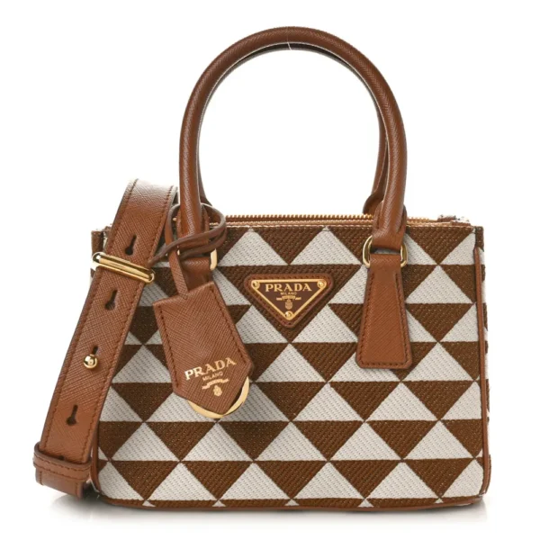 superfake Prada Jacquard Saffiano Mini Triangolo Symbole Embroidered Galleria Double Zip Tote Tabacco Talco Brass Hardware