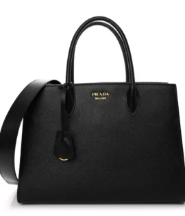 superfake Prada Saffiano Cuir Calfskin Large Double Handle Bag Black Fuoco Polished Gold Hardware