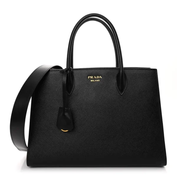 superfake Prada Saffiano Cuir Calfskin Large Double Handle Bag Black Fuoco Polished Gold Hardware