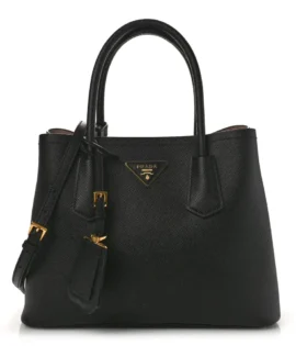 superfake Prada Saffiano Cuir Small Double Bag Black Mughetto Gold Hardware