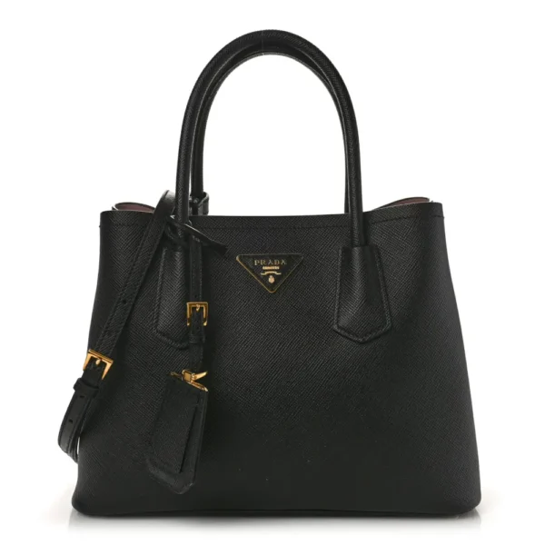 superfake Prada Saffiano Cuir Small Double Bag Black Mughetto Gold Hardware