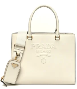 superfake Prada Saffiano Lux Logo Embossed Medium Shoulder Tote Handbag White Gold Hardware