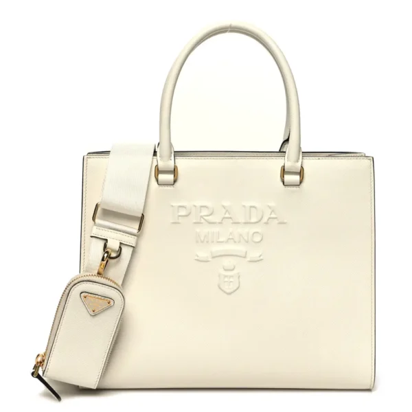 superfake Prada Saffiano Lux Logo Embossed Medium Shoulder Tote Handbag White Gold Hardware