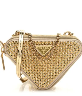 superfake Prada Satin Crystal Mini Triangle Crossbody Pouch Platino Polished Gold Hardware