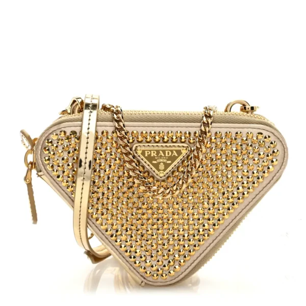 superfake Prada Satin Crystal Mini Triangle Crossbody Pouch Platino Polished Gold Hardware